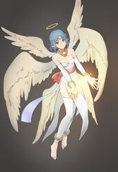  angel_wings bare_shoulders barefoot blue_hair breasts cleavage closed_mouth dress female filia_(star_ocean) full_body halo highres light_blue_hair looking_at_viewer medium_hair pointy_ears rusinomob simple_background solo star_ocean star_ocean_the_second_story thighhighs white_dress white_wings wings 