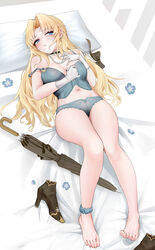  absurdres azur_lane barefoot blonde_hair blue_bra blue_eyes blue_flower blue_panties bra breasts brown_footwear earrings feet female flower gloves high_heels highres jewelry lace-trimmed_bra lace-trimmed_panties lace_trim legs lingerie long_hair looking_at_viewer lying medium_breasts navel on_back on_bed panties parted_bangs parted_lips pillow pink_nails signature solo stomach sweatdrop toenails toes umbrella underwear vanguard_(azur_lane) white_gloves zhemuxuanhua 