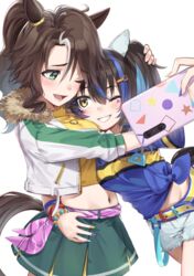  2girls ;) animal_ears belt blue_hair blue_shirt bracelet breasts brown_hair cellphone crop_top daitaku_helios_(umamusume) ear_covers green_eyes green_skirt groin gyaru hcstyrus_ii highres holding holding_phone horse_ears horse_girl horse_tail jacket jewelry long_hair long_sleeves medium_breasts mejiro_palmer_(umamusume) multicolored_hair multiple_girls navel necklace one_eye_closed phone selfie shirt short_shorts shorts simple_background skirt smartphone smile streaked_hair tail tied_shirt two-tone_hair umamusume white_background white_hair white_jacket yellow_belt yellow_eyes yellow_shirt 