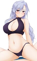  1boy bikini black_bikini blush breasts cleavage cleavage_cutout closed_mouth clothing_cutout commentary_request cowgirl_position eiai_nano female grey_hair hinata_masaki kimi_no_koto_ga_dai_dai_dai_dai_daisuki_na_100-nin_no_kanojo large_breasts long_hair looking_at_viewer navel paid_reward_available red_eyes sidelocks simple_background solo_focus swimsuit 