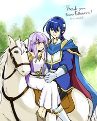  1boy bare_shoulders blue_cape blue_hair breasts brother_and_sister cape circlet dress female fire_emblem fire_emblem:_genealogy_of_the_holy_war headband horse horseback_riding julia_(fire_emblem) open_mouth ponytail purple_cape purple_eyes purple_hair riding seliph_(fire_emblem) siblings simple_background smile white_headband yukia_(firstaid0) 