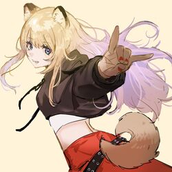  animal_ears belt black_belt black_hoodie blonde_hair blue_eyes commentary cowboy_shot cropped_hoodie dog_ears dog_tail female floating_hair fox_shadow_puppet hashtag-only_commentary highres hood hoodie kmnz long_hair long_sleeves looking_at_viewer mc_lita nail_polish outstretched_arm pants red_nails red_pants seimannu smile solo tail tongue tongue_out virtual_youtuber yellow_background 