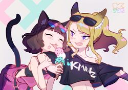  2girls angry animal_ear_fluff animal_ears artist_name bare_shoulders black_shirt blonde_hair brown_hair cat_ears cat_girl cat_tail closed_eyes clothes_writing commentary_request cropped_shirt dog_ears eyewear_on_head food food_on_face food_theft heart heart-shaped_eyewear highres holding holding_food holding_ice_cream ice_cream ice_cream_cone k725 kmnz leaning_forward licking long_hair looking_at_another mc_lita mc_liz midriff multiple_girls oerba_yun_fang open_mouth overalls pink-tinted_eyewear pink_overalls ponytail purple_eyes shirt short_hair short_sleeves smile sunglasses tail tinted_eyewear tongue tongue_out upper_body virtual_youtuber 