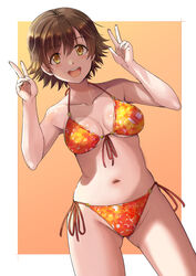  ass_visible_through_thighs bikini breasts brown_eyes brown_hair collarbone double_v female floral_print front-tie_bikini_top front-tie_top honda_mio idolmaster idolmaster_cinderella_girls looking_at_viewer medium_breasts navel open_mouth orange_background orange_bikini print_bikini round_teeth shiroyukimajima short_hair side-tie_bikini_bottom solo standing stomach swimsuit teeth two-tone_background upper_teeth_only v 