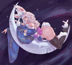  animal_ear_fluff animal_ears ass asymmetrical_legwear bare_shoulders black_thighhighs blue_eyes blue_kimono bow breasts chinese_zodiac commentary crescent_moon english_commentary female final_fantasy final_fantasy_xiv from_side full_body highres huge_ass japanese_clothes kimono large_breasts long_hair looking_at_viewer lying mismatched_legwear moon musical_note musical_note_print nail_polish night night_sky on_crescent on_stomach original outdoors pink_bow print_kimono rabbit rabbit_ears rabbit_girl short_kimono skindentation sky space star_(sky) tezy8art thick_thighs thighhighs thighs viera white_hair white_thighhighs year_of_the_rabbit 