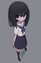  absurdres arms_behind_back black_eyes black_hair black_socks blood blue_neckerchief blush boxcutter closed_mouth female full_body grey_background grey_skirt highres holding holding_boxcutter kanikan long_hair looking_at_viewer neckerchief no_shoes original pleated_skirt sailor_collar sailor_shirt school_uniform serafuku shirt short_sleeves simple_background skirt socks solo standing straight_hair white_sailor_collar white_shirt 