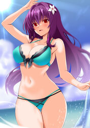  aqua_bikini ass_visible_through_thighs beach bikini blue_sky blush breasts cleavage cloud commentary_request engo_(aquawatery) fate/grand_order fate_(series) female flower hair_between_eyes hair_flower hair_intakes hair_ornament halterneck highres large_breasts layered_bikini long_hair looking_at_viewer navel ocean open_mouth outdoors purple_hair red_eyes scathach_(fate) scathach_skadi_(fate) scathach_skadi_(swimsuit_ruler)_(fate) scathach_skadi_(swimsuit_ruler)_(final_ascension)_(fate) sky smile solo stomach string_bikini sunlight swimsuit thighs very_long_hair water white_flower 