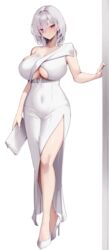  absurdres breasts cleavage closed_mouth commission dress english_commentary female full_body high_heels highres large_breasts looking_at_viewer masaki_nanaya mixed-language_commentary original short_hair simple_background single_bare_shoulder skeb_commission smile solo standing white_background white_dress white_footwear white_hair 