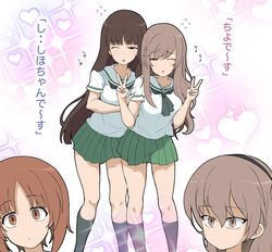  4girls black_headband blank_stare blunt_bangs brown_eyes brown_hair chestnut_mouth closed_mouth collarbone commentary dot_mouth double_v girls_und_panzer green_neckerchief green_skirt hair_between_eyes headband heart heart_background henyaan_(oreizm) highres leaning_on_person light_brown_hair long_hair mature_female multiple_girls neckerchief nishizumi_miho nishizumi_shiho one_eye_closed ooarai_school_uniform parted_bangs pleated_skirt sailor_collar school_uniform serafuku shimada_arisu shimada_chiyo short_hair skirt sparkle_background speech_bubble straight_hair surprised translated triangle_mouth v white_sailor_collar wide-eyed 