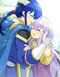  1boy bare_shoulders blue_cape blue_hair brother_and_sister cape circlet closed_eyes dress female fire_emblem fire_emblem:_genealogy_of_the_holy_war headband holding_another&#039;s_arm holding_another&#039;s_hair implied_incest julia_(fire_emblem) ponytail purple_cape purple_hair seliph_(fire_emblem) siblings simple_background white_headband yukia_(firstaid0) 