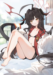  absurdres ahoge ass barefoot black_bra black_hair black_horns black_shorts black_tail blue_archive blush bra breasts closed_mouth coat collarbone collared_shirt demon_horns female hair_intakes halo highres horns kasumi_(blue_archive) lab_coat long_hair long_sleeves navel oerba_yun_fang open_clothes open_shirt oversized_clothes red_halo red_shirt shirt shorts sleeves_past_fingers sleeves_past_wrists small_breasts smile solo tail underwear white_coat yellow_eyes yukineko1018 