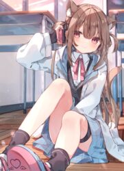  animal_ears blush brown_hair cat_ears desk earphones extra_ears female hair_between_eyes heripiro highres jacket long_hair open_clothes open_jacket original red_eyes school_desk school_uniform sitting skirt smile sweater thick_thighs thighs 