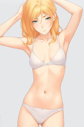  adjusting_hair armpits arms_up ass_visible_through_thighs blonde_hair bow bow_bra bow_panties bra breasts chateau_dankworth commentary cowboy_shot female green_hair grey_background highres koroshi_ai long_hair looking_at_viewer miura-n315 navel panties simple_background small_breasts solo stomach underwear underwear_only white_bra white_panties 