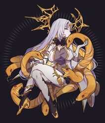  animal bodysuit breasts clothing_cutout female fire_emblem fire_emblem_heroes forehead_jewel giant_snake gold_horns gold_trim grey_bodysuit gullveig_(fire_emblem) haconeri horns large_breasts looking_at_viewer oversized_animal pale_skin single_horn snake snake_hair thigh_cutout yellow_horns 