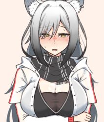  animal_ear_piercing animal_ears arknights arm_under_breasts black_scarf black_shirt blush breasts bright_pupils cat_ears cat_girl cleavage commentary female grey_hair hair_between_eyes half-closed_eyes jacket large_breasts long_hair long_sleeves looking_at_viewer lowres metameta_gross open_clothes open_jacket open_mouth pink_background scarf schwarz_(arknights) shirt simple_background solo sweat symbol-only_commentary taut_clothes taut_shirt upper_body white_jacket white_pupils yellow_eyes 