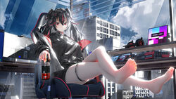  absurdres artist_name barefoot black_hair black_hoodie black_jacket black_shorts can chair feet_up female gaming_chair headphones highres holding holding_can hood hoodie indoors jacket long_hair looking_at_viewer lucia:_plume_(punishing:_gray_raven) lucia_(punishing:_gray_raven) monitor multicolored_hair punishing:_gray_raven red_eyes red_hair scenery seymour_(sai_lu_er) shorts sitting solo swivel_chair thigh_strap twintails two-tone_hair window 