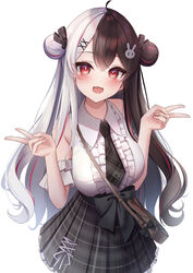  :3 :d absurdres bag bare_shoulders black_bow black_hair black_necktie black_skirt bloom blush bow breasts brown_bag center_frills detached_sleeves double_bun double_v female frills hair_bun hair_ornament handbag high-waist_skirt highres long_hair looking_at_viewer medium_breasts miniskirt multicolored_hair necktie nijisanji official_alternate_costume plaid plaid_necktie plaid_skirt pleated_skirt rabbit_hair_ornament red_eyes red_hair shin_insh shirt skirt sleeveless sleeveless_shirt smile solo split-color_hair streaked_hair v very_long_hair virtual_youtuber white_background white_hair white_shirt wing_collar x_hair_ornament yorumi_rena yorumi_rena_(11th_costume) 