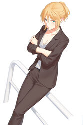  against_railing belt black_jacket black_pants blonde_hair breasts chateau_dankworth cleavage dutch_angle feet_out_of_frame female hair_up highres jacket koroshi_ai lapels miura-n315 notched_lapels pant_suit pants railing shirt small_breasts solo suit white_shirt 