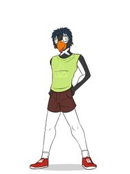  3:4 anthro avian bird bottomwear clothed clothing eddy_(eddy_bird32) eyewear footwear full-length_portrait fully_clothed fuze gentoo_penguin glasses hi_res male penguin portrait shirt shoes shorts simple_background socks solo tank_top tongue tongue_out topwear triforce_clothing white_background 