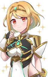  alternate_color alternate_hair_color black_gloves blonde_hair blush breasts closed_mouth commentary_request cosplay covered_navel dress earrings female fingerless_gloves gloves hand_up headpiece jewelry large_breasts looking_at_viewer miasuke mythra_(xenoblade) mythra_(xenoblade)_(cosplay) official_alternate_hair_color pyra_(xenoblade) red_eyes short_hair simple_background smile solo sparkle super_smash_bros. upper_body white_background white_dress xenoblade_chronicles_(series) xenoblade_chronicles_2 