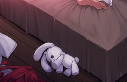  1boy bed chuugoku_usagi female null_(nyanpyoun) out_of_frame straight stuffed_animal stuffed_rabbit stuffed_toy unworn_clothes voicevox 