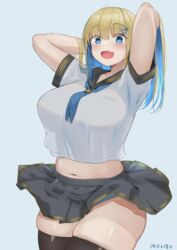  :d arms_up aymusk black_sailor_collar black_skirt black_thighhighs blonde_hair blue_background blue_eyes blue_hair blue_neckerchief blue_panties blunt_bangs blush breasts collarbone colored_inner_hair curvy female freckles freckles-chan_(aymusk) hair_ornament hands_in_own_hair highres large_breasts long_hair looking_at_viewer multicolored_hair navel neckerchief oerba_yun_fang open_mouth original panties pleated_skirt rabbit_hair_ornament sailor_collar school_uniform see-through serafuku shirt short_sleeves simple_background skin_fang skindentation skirt smile solo thick_thighs thighhighs thighs two-tone_hair underwear uniform white_shirt 