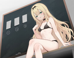  black_bra black_choker black_hairband black_panties black_ribbon blonde_hair bra breasts chalk chalkboard choker crossed_legs female green_eyes hagi_(ame_hagi) hair_between_eyes hair_ribbon hairband highres long_hair looking_at_viewer navel original panties ribbon sitting small_breasts smile solo thighs underwear underwear_only 