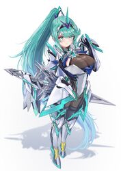  aegis_sword_(xenoblade) armor blush breasts chest_jewel cleavage earrings female gem greek_text green_eyes green_hair hair_ornament headpiece highres jewelry large_breasts long_hair looking_at_viewer pneuma_(xenoblade) ponytail sarasadou_dan smile solo swept_bangs tiara very_long_hair white_background xenoblade_chronicles_(series) xenoblade_chronicles_2 