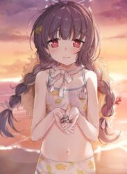  absurdres ahoge aka_(440626) bare_arms bare_shoulders beach bikini black_hair blue_archive blush breasts closed_mouth collarbone commentary_request female grey_halo halo highres leaf_print long_hair looking_at_viewer miyu_(blue_archive) miyu_(swimsuit)_(blue_archive) navel ocean official_alternate_costume outdoors pebble print_bikini red_eyes small_breasts smile solo swimsuit twintails white_bikini 