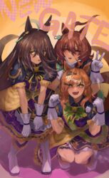  3girls absurdres agnes_tachyon_(umamusume) ahoge animal_ears boots bow breasts brown_hair closed_mouth commentary_request ear_ornament earrings hair_between_eyes hair_ornament highres horse_ears horse_girl horse_tail jam_(umamusume) jewelry jungle_pocket_(umamusume) kneeling long_hair manhattan_cafe_(umamusume) multicolored_hair multiple_girls notched_ear open_mouth puffy_short_sleeves puffy_sleeves red_eyes short_sleeves single_earring smile streaked_hair tail tonariuta umamusume white_footwear white_hair x_hair_ornament yellow_eyes 