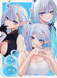  black_ribbon blue_eyes bodysuit breasts camisole cleavage cleavage_cutout clothing_cutout ear_piercing earrings female grey_hair halo_sweety highres horns indie_virtual_youtuber jewelry large_breasts mole mole_under_eye multiple_views murmoruno piercing pointy_ears ribbon single_horn slime_(creature) tongue tongue_out virtual_youtuber white_camisole 