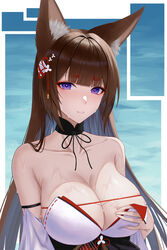  absurdres amagi_(azur_lane) amagi_(wending_waters_serene_lotus)_(azur_lane) animal_ear_fluff animal_ears azur_lane bare_shoulders bikini blunt_bangs breasts cleavage collarbone covering_breasts covering_privates detached_collar detached_sleeves female fox_ears fox_girl frozen-sad highres kitsune large_breasts long_hair looking_at_viewer official_alternate_costume purple_eyes solo swimsuit thick_eyebrows upper_body wet white_bikini 