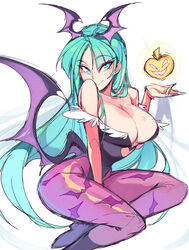  1boy 1girls almightychiru bat_wings big_ass big_breasts big_butt big_hips capcom capcom_vs_snk capcom_vs_snk_2 clothing darkstalkers demon_wings green_eyes green_hair large_breasts leotard morrigan_aensland pantyhose smile smiling solo_female succubus succubus_wings vampire_(game) vampire_hunter vampire_savior wings wings_on_head 