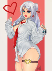  1girls 2d alluring arms_up athletic_female blue_eyes breasts curvaceous female female_only heart inner_sideboob lettuedn lian_(paladins) looking_at_viewer loose_clothes no_bra office_lady paladins panties red_lipstick red_nails simple_background smile solo solo_female solo_focus standing suit thick_thighs thighs voluptuous white_hair 