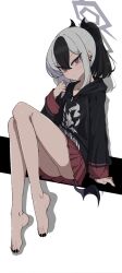 absurdres ass bare_legs barefoot black_hair black_hoodie black_horns black_nails blue_archive closed_mouth commentary_request demon_horns demon_wings ear_piercing earclip feet female full_body grey_halo hair_between_eyes halo hand_up highres hood hoodie horns invisible_chair kayoko_(blue_archive) knees_up legs long_hair long_sleeves looking_at_viewer low_wings miniskirt multicolored_hair nail_polish niwlite piercing ponytail red_eyes red_skirt single_wing sitting skirt solo toenail_polish toenails toes two-tone_hair upskirt white_hair wings 