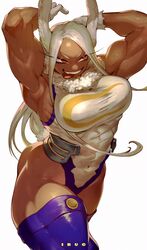  1girls :p arms_behind_head big_breasts boku_no_hero_academia bunny_ears bunny_tail dark-skinned_female dark_skin female female_only fully_clothed gloves hero_outfit_(mha) hi_res ibuo legwear leotard long_hair miruko muscles muscular muscular_female muscular_thighs my_hero_academia narrowed_eyes red_eyes rumi_usagiyama smile solo tongue_out upper_teeth white_background white_hair 