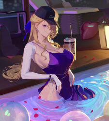  absurdres balloon baseball_cap blonde_hair blue_dress blue_eyes breasts brown_dust_(series) brown_dust_2 chair cleavage closed_mouth commentary_request dress drinking_straw earrings female hair_over_one_eye hat highres jewelry large_breasts long_hair looking_at_viewer partially_submerged petals pool shenxiu shrug_(clothing) sideboob sleeves_past_wrists solo standing strap_gap watch water white_shrug wilhelmina_(brown_dust) wilhelmina_(water_park_queen)_(brown_dust) 
