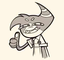  anthro fangs gesture gooseworx gregoriah_(regretevator) hand_gesture horn horned_humanoid humanoid male regretevator roblox solo teeth the_axolotl_sun thumbs_up trans_(lore) trans_man_(lore) zumae 