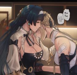  2girls astra_yao astra_yao_(chandelier) black_dress black_hair blonde_hair braid breasts cleavage commentary dress earrings english_commentary english_text evelyn_chevalier farcicalhelix hairband head_on_another's_shoulder highres jewelry long_hair multiple_girls necklace pearl_necklace purple_eyes red_eyes shrug_(clothing) white_hairband white_shrug zenless_zone_zero 