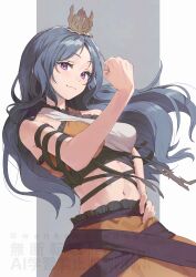  absurdres arm_ribbon blue_hair chirizuka_ubame clenched_hand cowboy_shot crop_top dress female hand_on_own_hip headpiece highres midriff multicolored_dress navel orange_skirt orange_tank_top purple_eyes ribbon skirt smile smirk solo stomach tank_top torn_clothes torn_dress touhou two-tone_tank_top waist_ribbon wanko_sora 