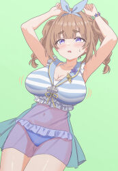  absurdres armpits arms_up bare_shoulders bikini bikini_under_clothes blue_bikini blush bracelet braid breasts cleavage commentary_request covered_navel cowboy_shot embarrassed epic_seven female frilled_bikini frills green_background hair_ribbon halterneck highres jewelry konjou large_breasts long_hair looking_at_viewer montmorancy_(epic_seven) motion_lines open_mouth purple_eyes ribbon see-through_clothes shirt simple_background sleeveless sleeveless_shirt solo striped_clothes striped_shirt sweatdrop swimsuit thick_eyebrows twin_braids twintails 