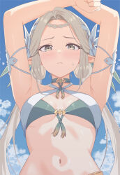  absurdres armpits arms_up bare_shoulders bikini blush braid breasts choker closed_mouth commentary criss-cross_halter elf epic_seven female flower frown green_bikini green_choker grey_eyes grey_hair hair_flower hair_ornament halterneck highres iseria_(epic_seven) konjou long_hair looking_at_viewer low_twintails medium_breasts multicolored_bikini navel parted_bangs pointy_ears solo stomach summertime_iseria_(epic_seven) sweatdrop swimsuit twintails two-tone_bikini upper_body white_bikini 