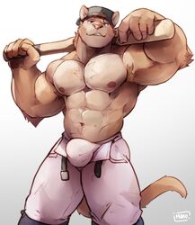  1boy absurd_res anthro baseball_bat baseball_cap baseball_uniform bat_(object) big_bulge big_muscles blue_eyes bulge clothed clothing cougar felid feline hat headgear headwear hi_res looking_at_viewer looking_pleasured makowolf1 male male_only mammal mexican_pacific_league muscular simple_background smile smiling_at_viewer solo sportswear underwear uniform white_background yaco_puma yaquis_de_obregon 