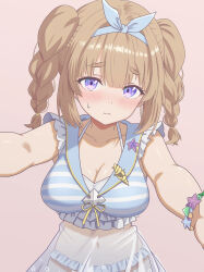  3: absurdres bare_shoulders bikini bikini_under_clothes blush bracelet braid breasts cleavage closed_mouth commentary covered_navel cowboy_shot embarrassed epic_seven female frilled_bikini frills hair_ribbon halterneck highres jewelry konjou large_breasts long_hair looking_at_viewer montmorancy_(epic_seven) pink_background purple_eyes ribbon see-through_clothes shirt simple_background sleeveless sleeveless_shirt solo striped_clothes striped_shirt sweatdrop swimsuit thick_eyebrows twin_braids twintails 
