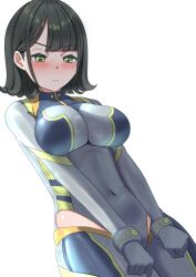  black_hair bodysuit breasts clothing_cutout commentary cosplay covered_navel cowboy_shot embarrassed female flipped_hair frown green_eyes grey_bodysuit highres hip_vent large_breasts link!_like!_love_live! love_live! momose_ginko official_alternate_costume shirasaki_(ebb_ss) short_hair simple_background skin_tight solo v-shaped_eyebrows virtual_youtuber white_background 