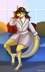  anthro bathrobe bedroom blue_eyes clothing dirty_jace errathimal_(zettra_thorn) female hair hi_res horn kobold looking_at_viewer markings multicolored_body multicolored_hair reptile robe scalie smile solo tail thick_tail two_tone_body two_tone_hair yellow_body 