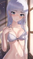  bad_id bad_twitter_id bare_arms bare_shoulders blue_eyes blunt_bangs bra breasts collarbone female flower_knot genshin_impact hair_ribbon hand_up highres kamisato_ayaka long_hair looking_at_viewer marinesnow medium_breasts navel parted_lips ribbon solo stomach tress_ribbon underwear upper_body white_bra white_hair window_shadow 