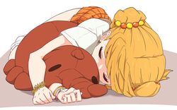  blonde_hair bracelet female highres hugging_object idolmaster idolmaster_cinderella_girls ito_(itokayu) jewelry jougasaki_rika loose_socks lying on_side plaid plaid_skirt school_uniform short_sleeves simple_background skirt sleeping socks solo stuffed_toy sweater_vest two_side_up wristband 