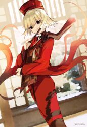  absurdres artist_name black_eyes carimarica chajinbou closed_mouth commentary_request fate/grand_order fate_(series) feet_out_of_frame female ghost_hands highres holding japanese_clothes kimono long_sleeves looking_at_viewer red_headwear red_kimono sen_no_rikyu_(fate) sen_no_rikyu_(first_ascension)_(fate) short_hair smile solo tassel white_hair wide_sleeves 