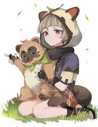  animal animal_hood bad_id bad_twitter_id bake-danuki_(genshin_impact) black_gloves brown_hair closed_eyes female fingerless_gloves genshin_impact gloves grass hood hood_up kitiboshi leaf leaf_on_head lolicon on_lap sayu_(genshin_impact) short_sleeves short_twintails simple_background sitting tanuki toeless_footwear twintails twitter_username ueauwa white_background 